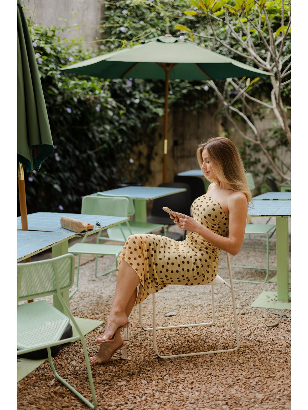 Vestido Tule Tomara que Caia Poá - Amarelo com Poá Marrom 