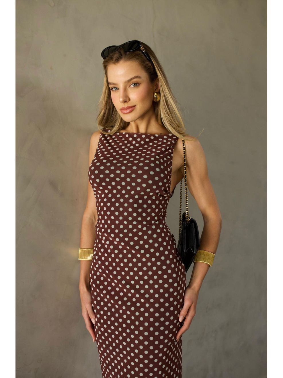 Vestido Tule Nadador Poá - Marrom com Poá Off White