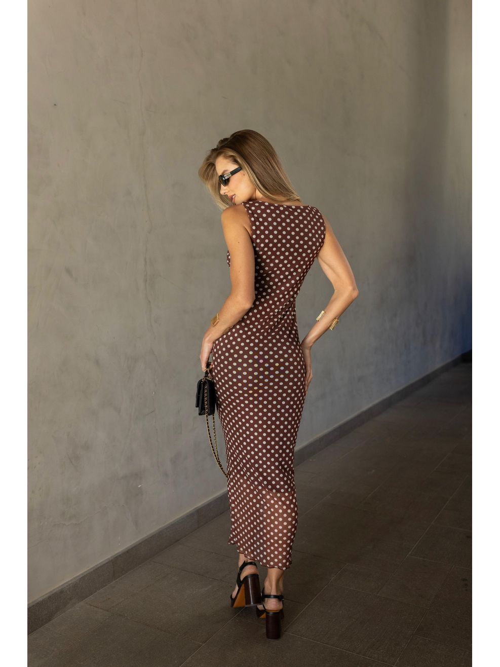 Vestido Tule Nadador Poá - Marrom com Poá Off White