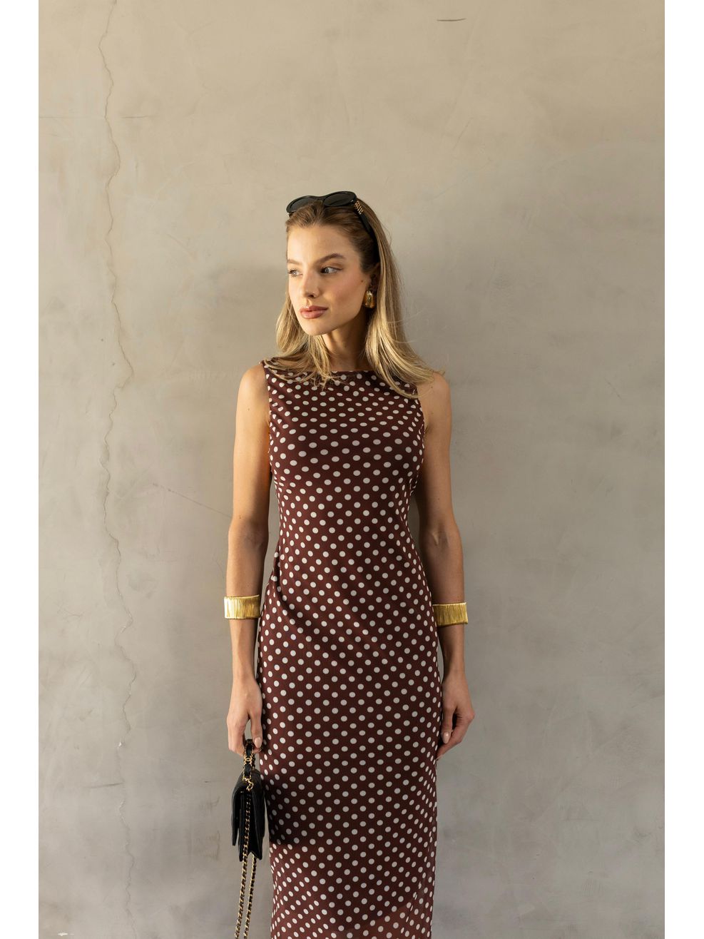 Vestido Tule Nadador Poá - Marrom com Poá Off White