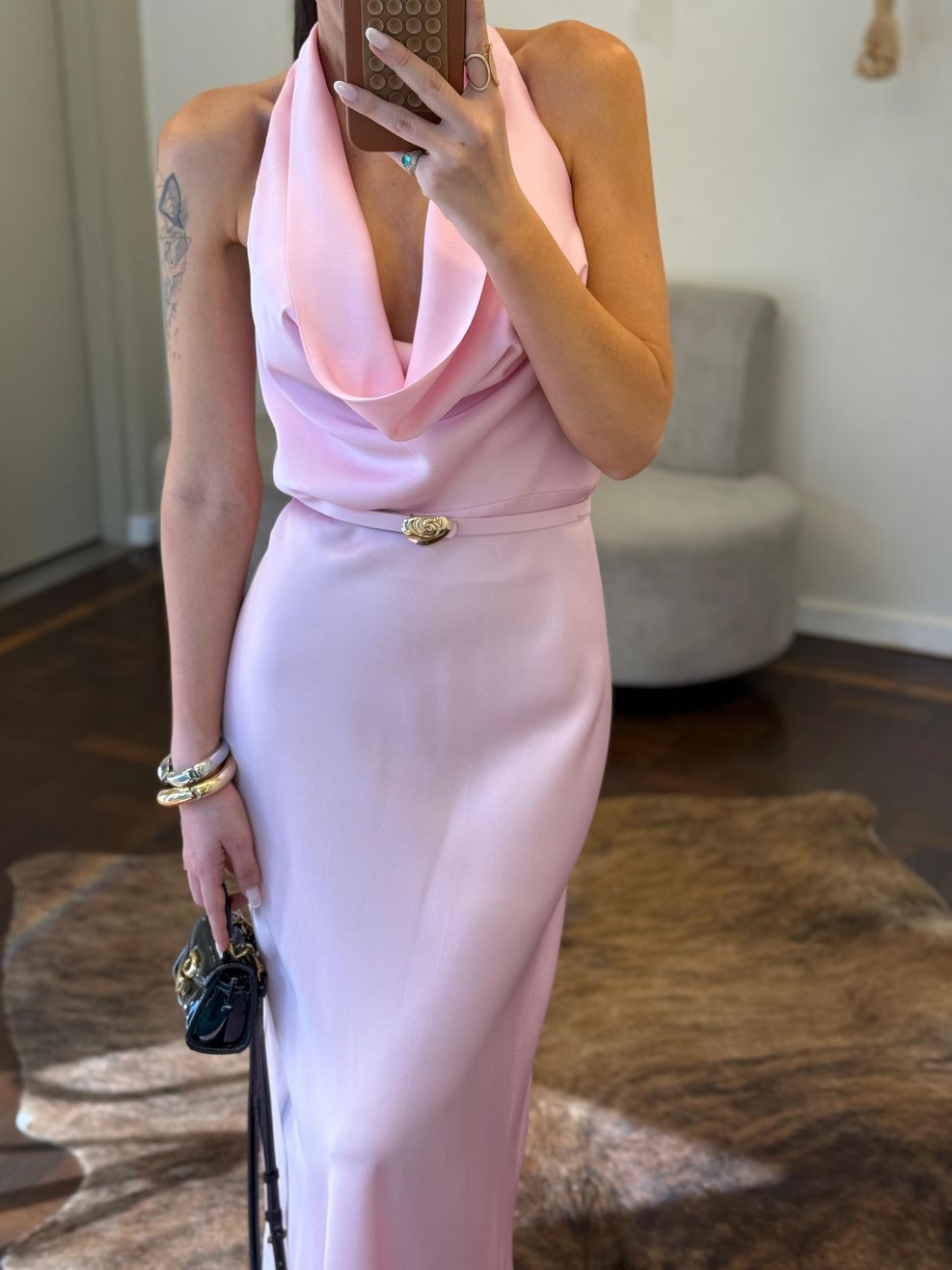 Vestido Cetim Gola Boba Gabriela - Rosa Bebê 