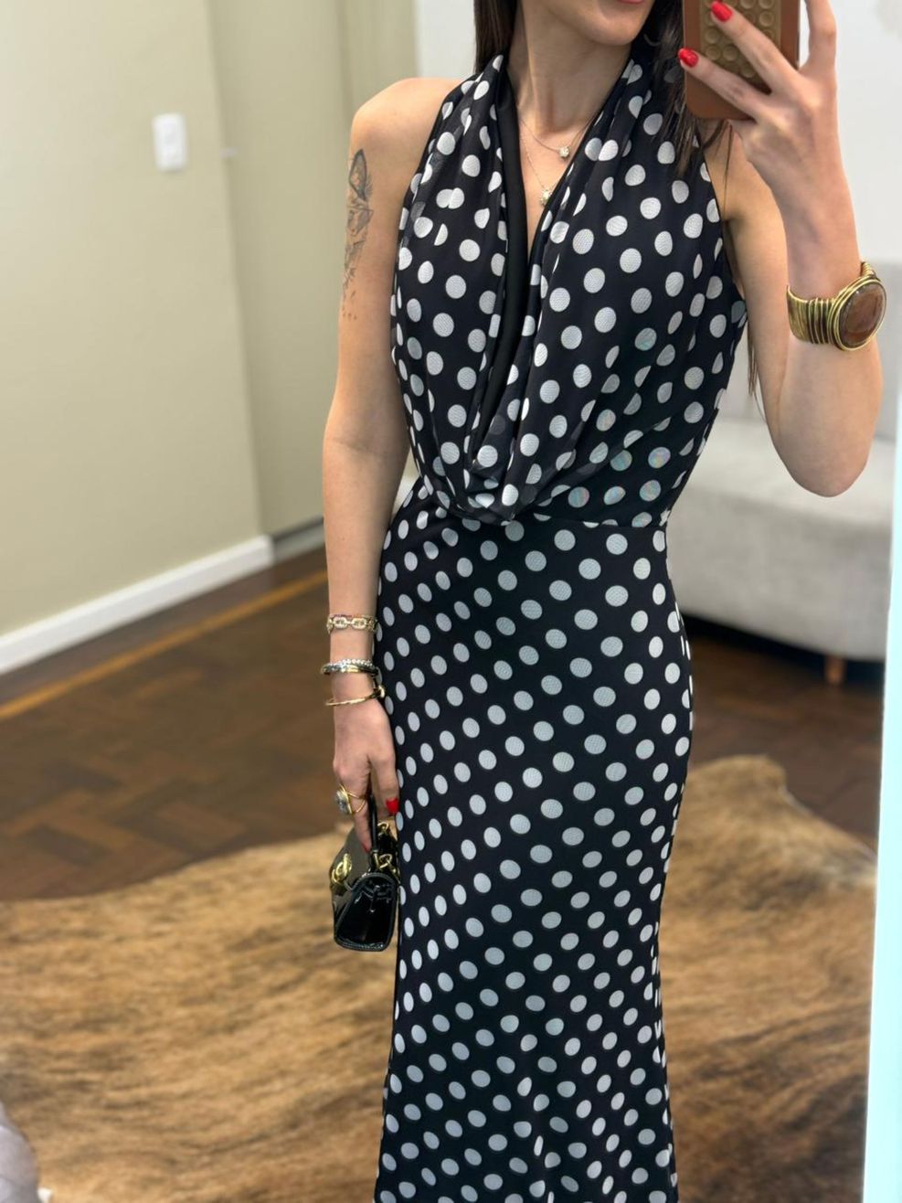 Vestido Gola Boba Poá - Preto com Poá Branco