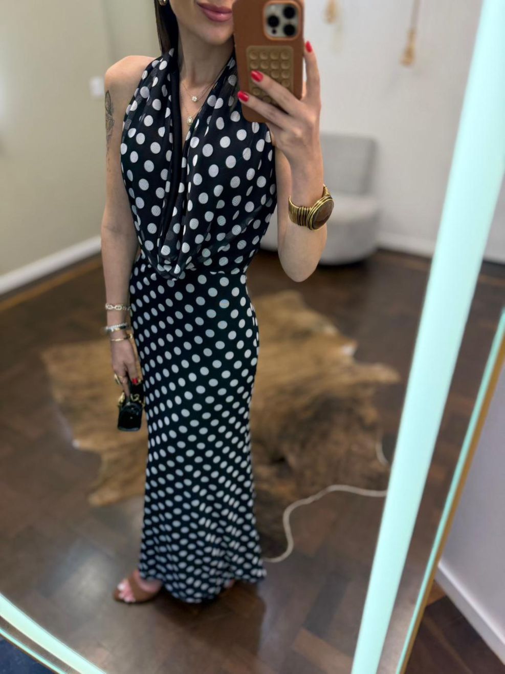 Vestido Gola Boba Poá - Preto com Poá Branco