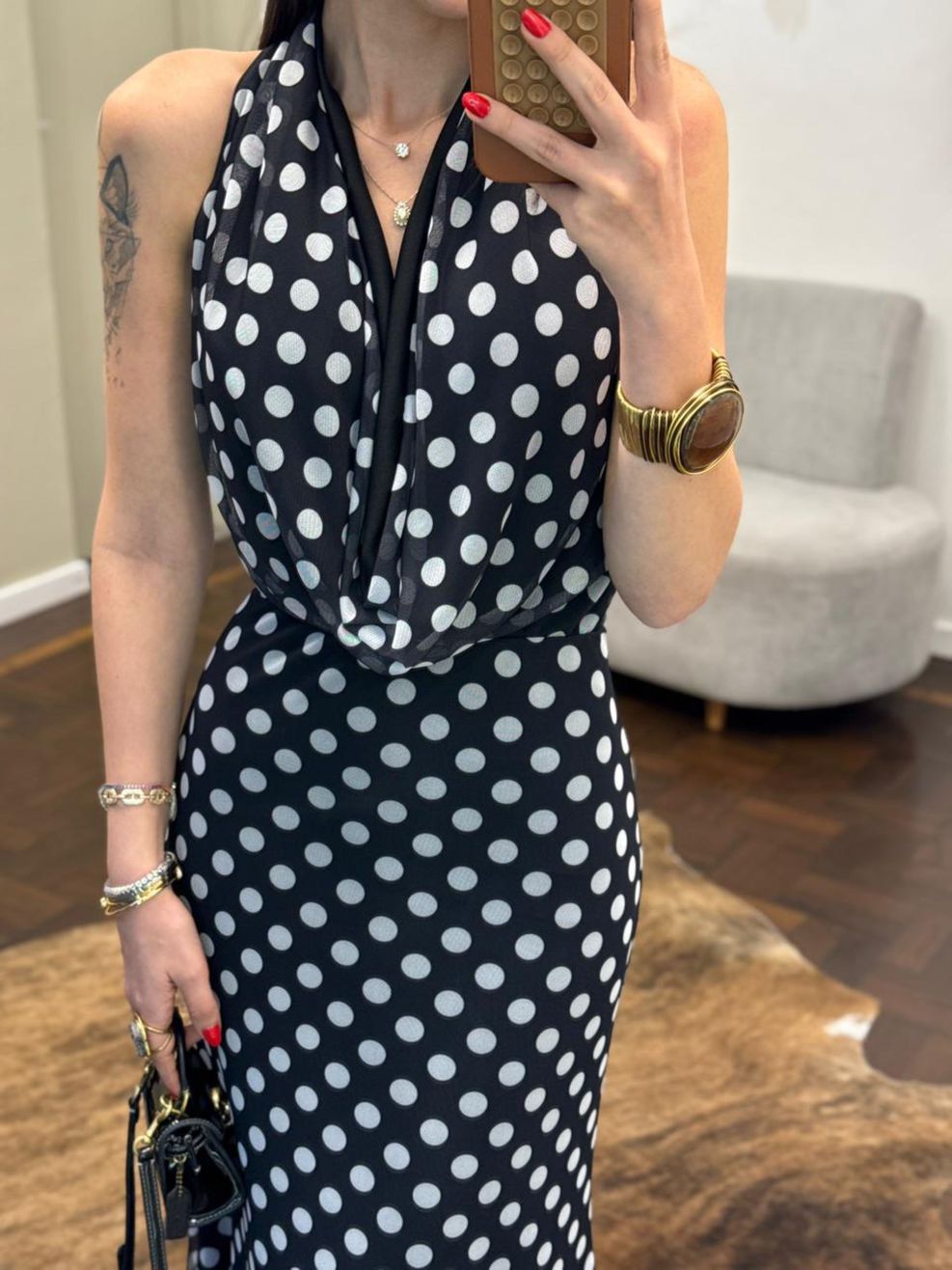 Vestido Gola Boba Poá - Preto com Poá Branco