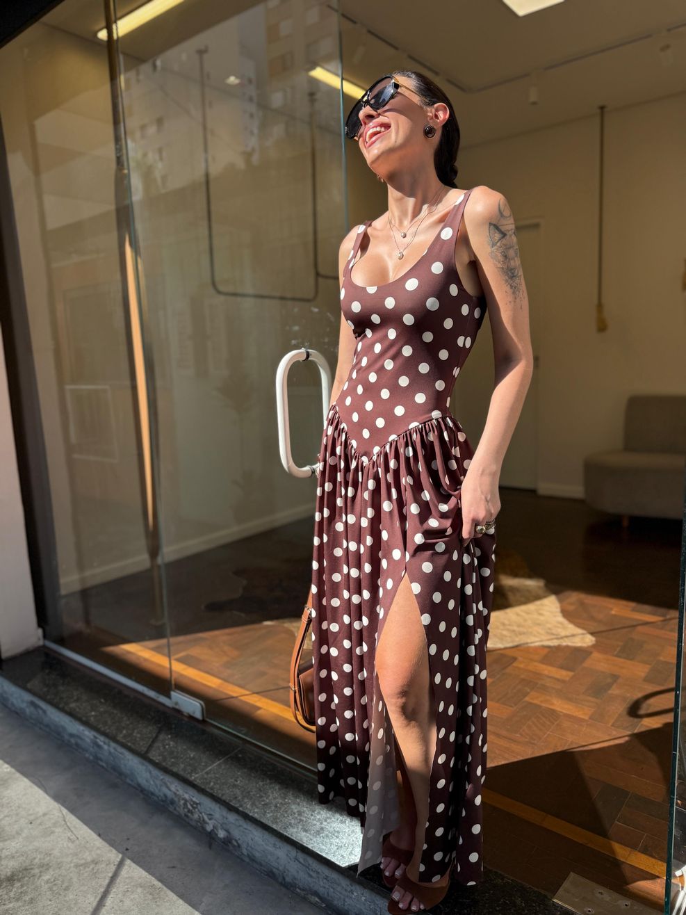 Vestido Ariela - Marrom com Poá Off White