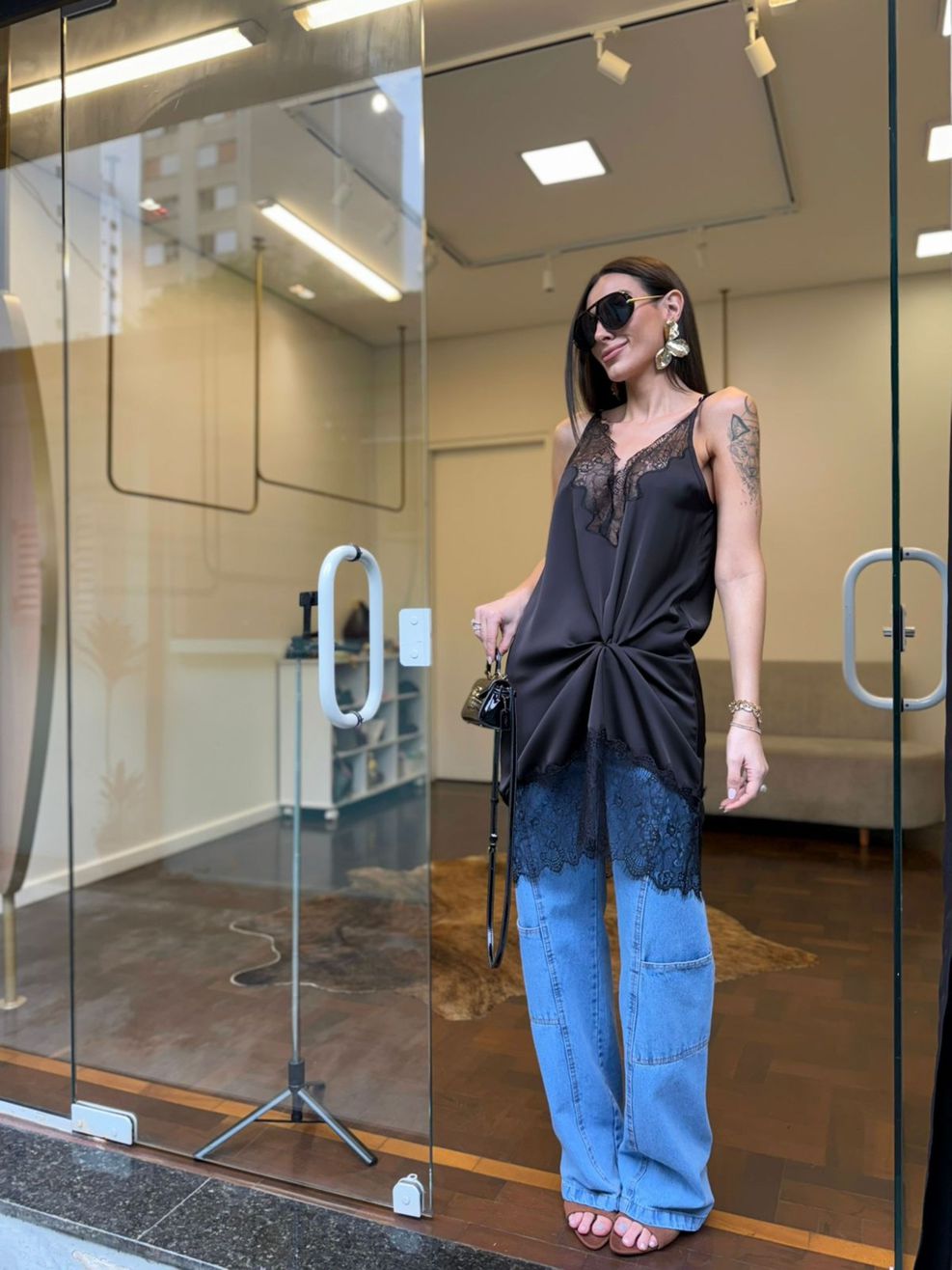 Vestido Cetim e Renda Gabrielle - Preto