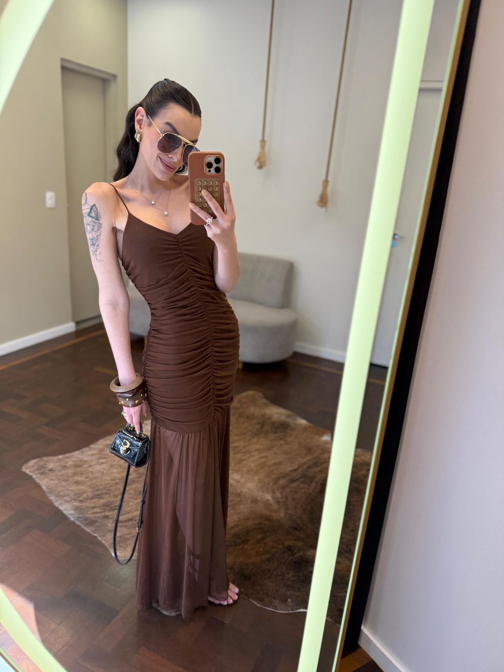 Vestido Microtule Drapeado - Marrom