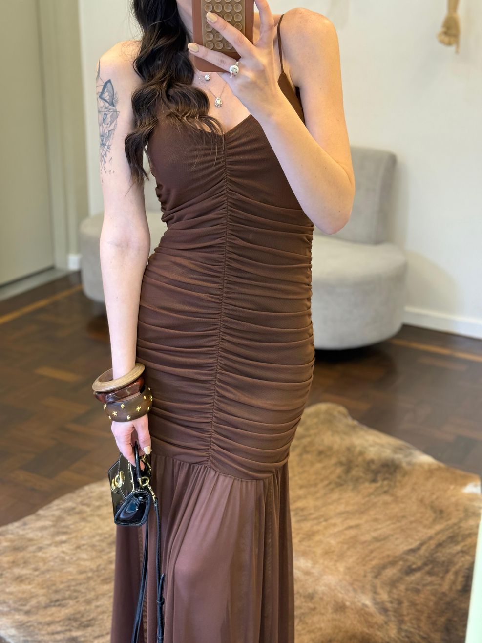 Vestido Microtule Drapeado - Marrom