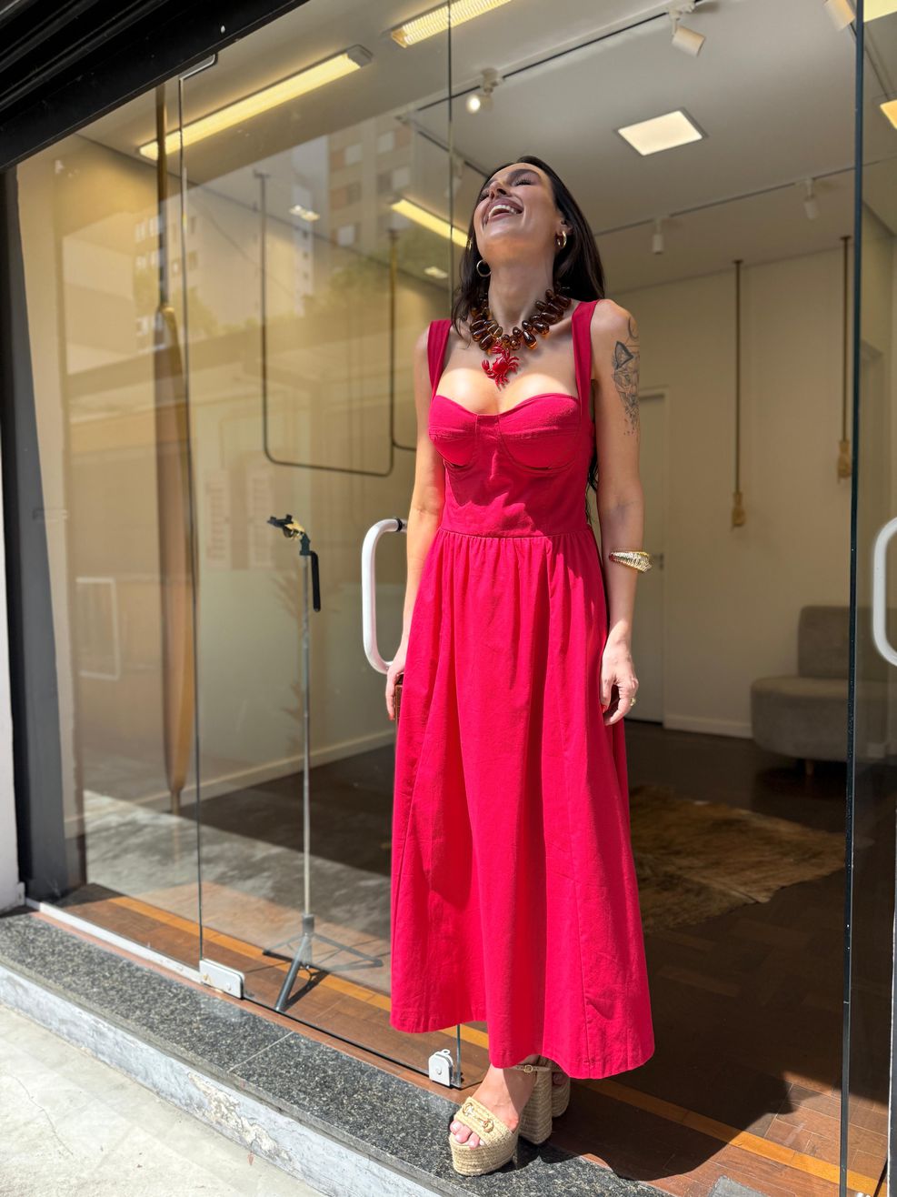 Vestido Tricoline Meia-Taça Liso - Vermelho