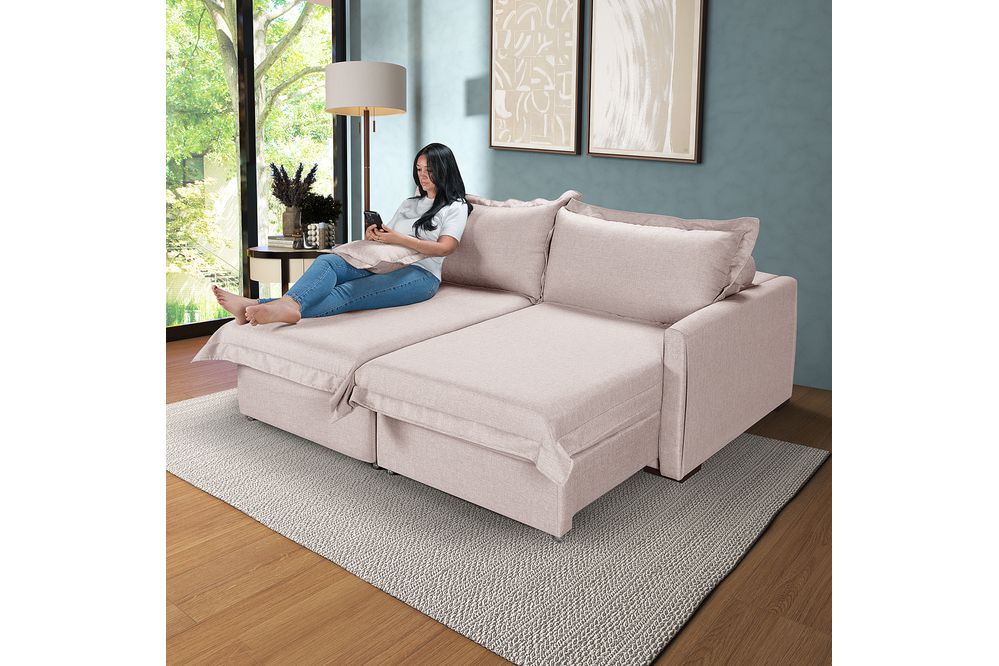 Sofá Living Retrátil Bali em Linho Bege