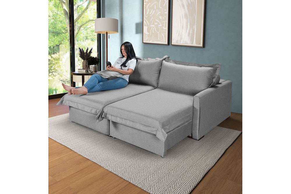 Sofá Living Retrátil Bali em Linho Cinza