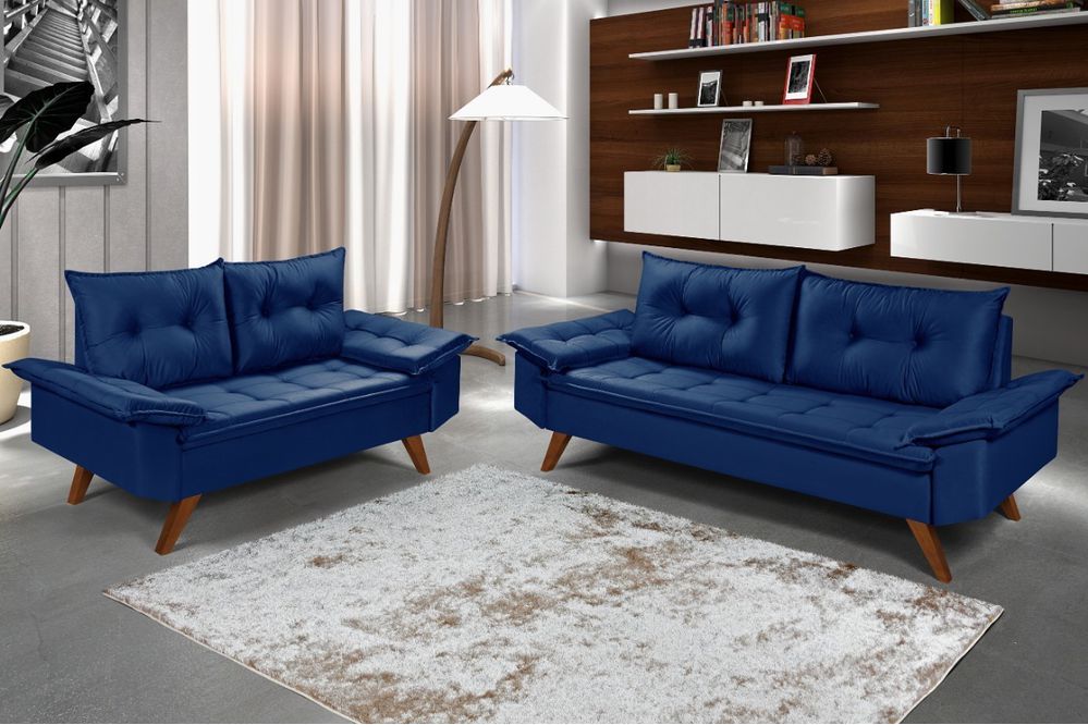 Conjunto Sofá Bariloche 2 e 3 Lugares em Suede Azul Marinho