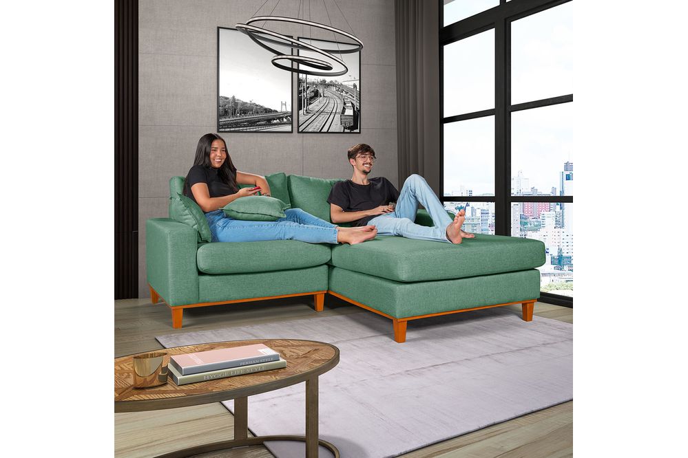 Sofá Com Chaise Direito 1,94m em Linho Verde - Paris