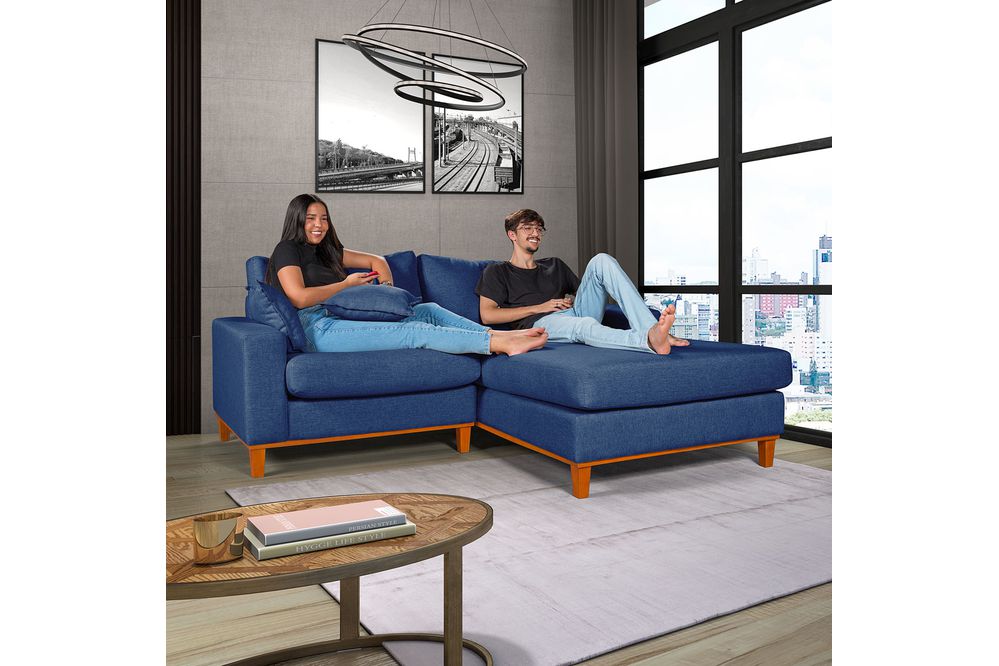 Sofá Com Chaise Direito 1,94m em Linho Azul - Paris