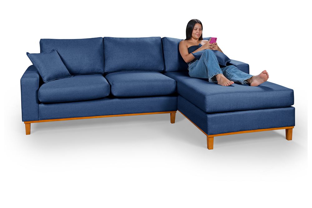 Sofá 3 Lugares 2,44m Living Amsterdã Com Chaise Direito em Linho Azul