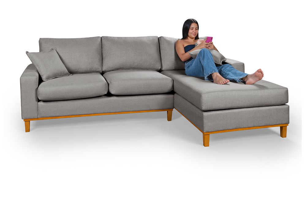 Sofá 3 Lugares 2,44m Living Amsterdã Com Chaise Direito em Linho Cinza