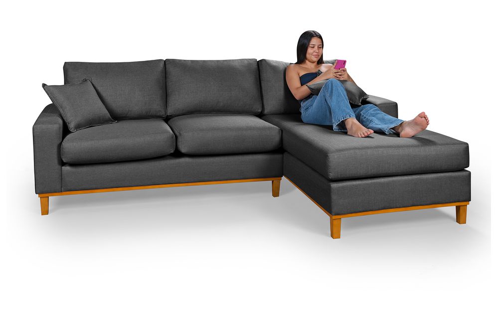 Sofá 3 Lugares 2,44m Living Amsterdã Com Chaise Direito em Linho Grafite