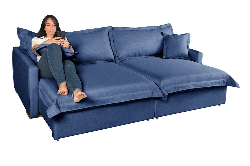 Sofá Cama Retrátil e Reclinável Living Bali em Linho Azul 2,18m