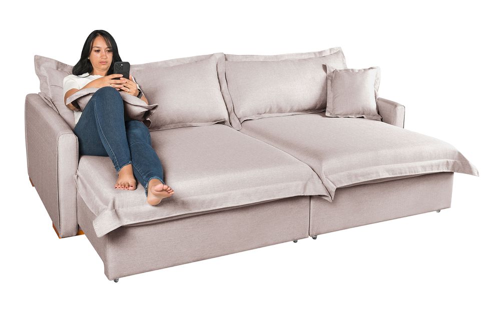 Sofá Cama Retrátil e Reclinável Living Bali em Linho Bege 2,18m