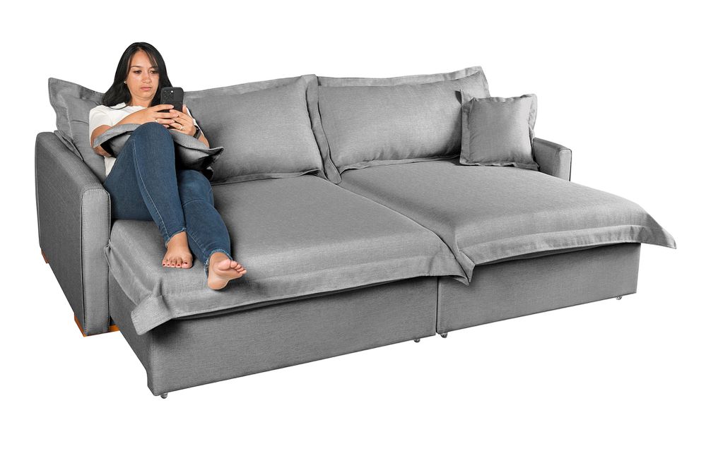 Sofá Cama Retrátil e Reclinável Living Bali em Linho Cinza 2,18m