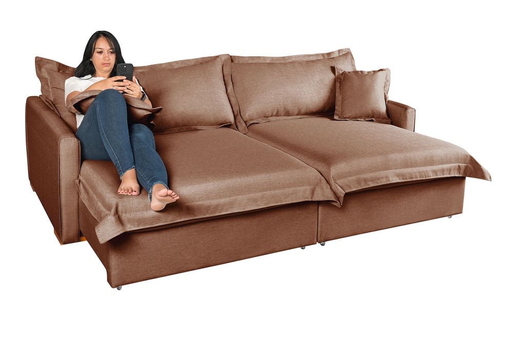 Sofá Cama Retrátil e Reclinável Living Bali em Linho Marrom 2,18m