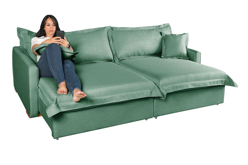 Sofá Cama Retrátil e Reclinável Living Bali em Linho Verde 2,18m