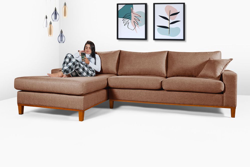 Sofá Com Chaise Esquerdo de Linho Marrom 4 Lugares Living Califórnia