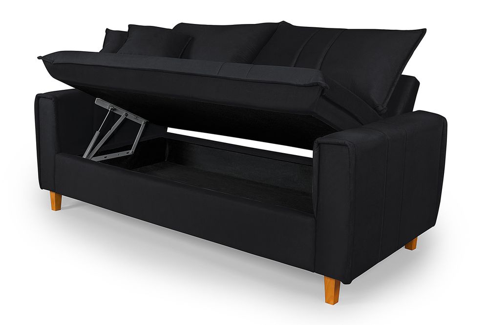 Sofá Baú 3 Lugares Living em Tecido Suede Preto 1,95m