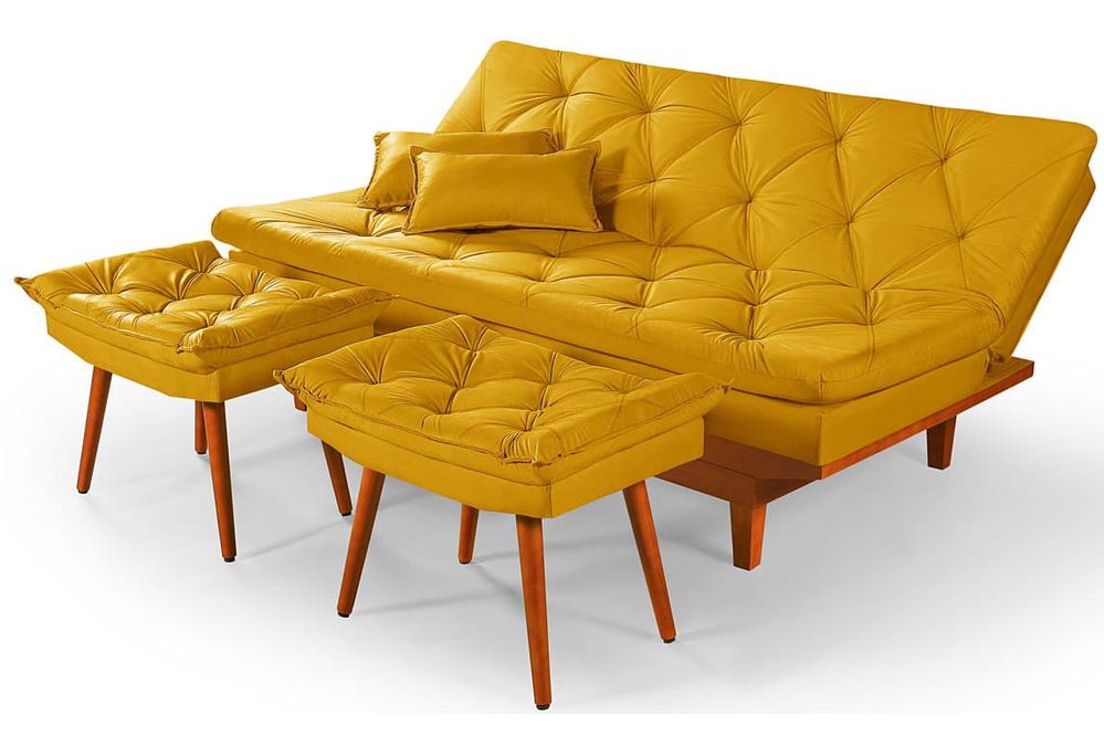 Sofá Cama Amarelo Mostarda Casal 3 Lugares em Suede + 2 Banquetas - Caribe