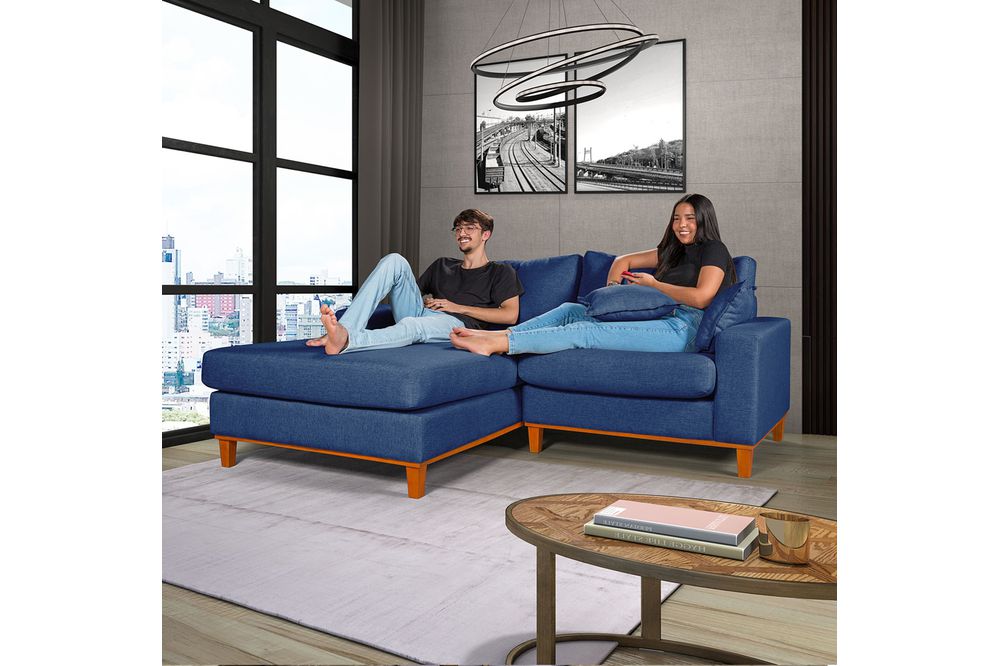 Sofá Com Chaise Esquerdo 1,94m em Linho Azul - Paris