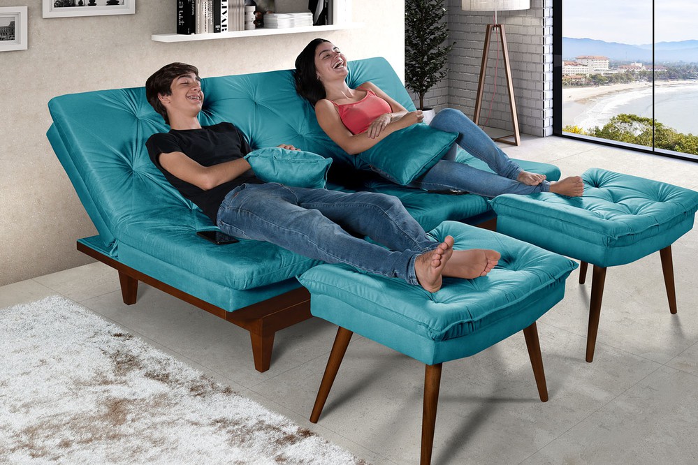 Sofá Cama Azul Turquesa Caribe em Suede + 2 Banquetas