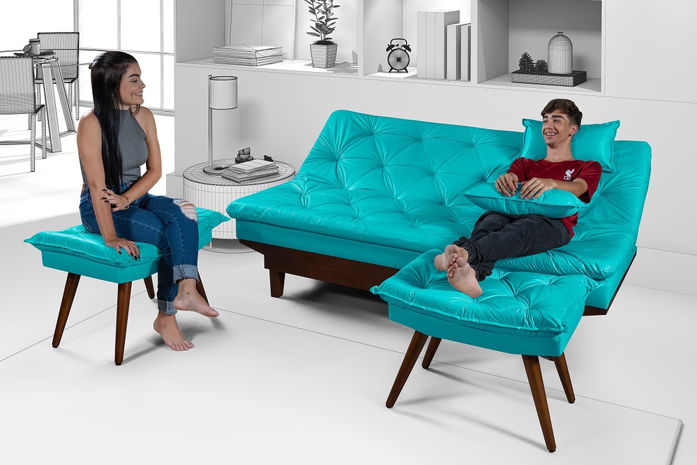 Sofá Cama Courino Azul Turquesa Caribe Reclinável + Duas Banquetas Rubi |  Essencial Estofados - Fábrica de Móveis