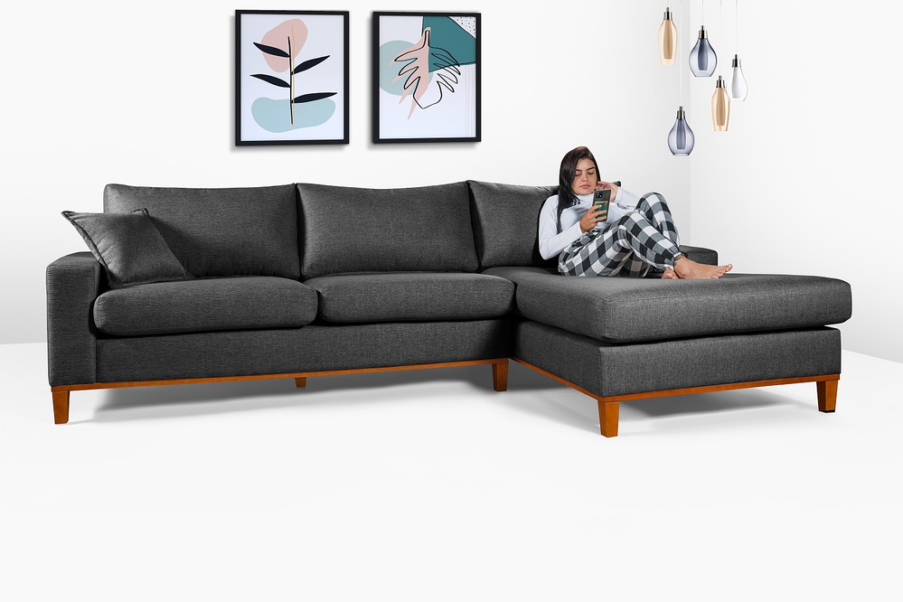 Sofá de Linho Grafite Living Califórnia Com Chaise Direito | Essencial  Estofados - Fábrica de Móveis