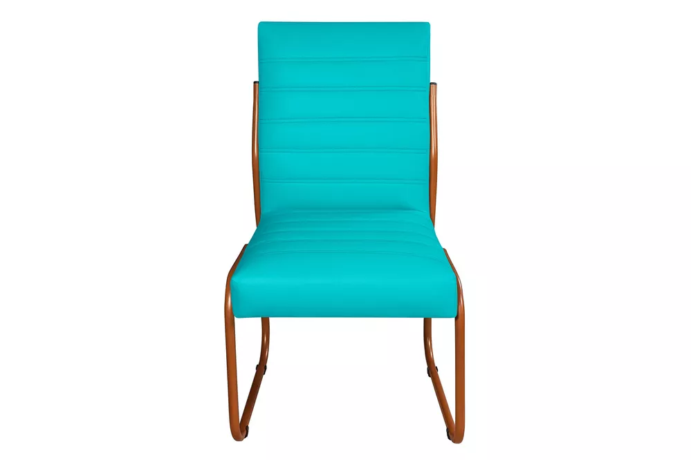 Cadeira Jade De Escritório Ou Recepção Em Couro Sintético Tipo A Azul Turquesa Pés em Aço na Cor Cobre