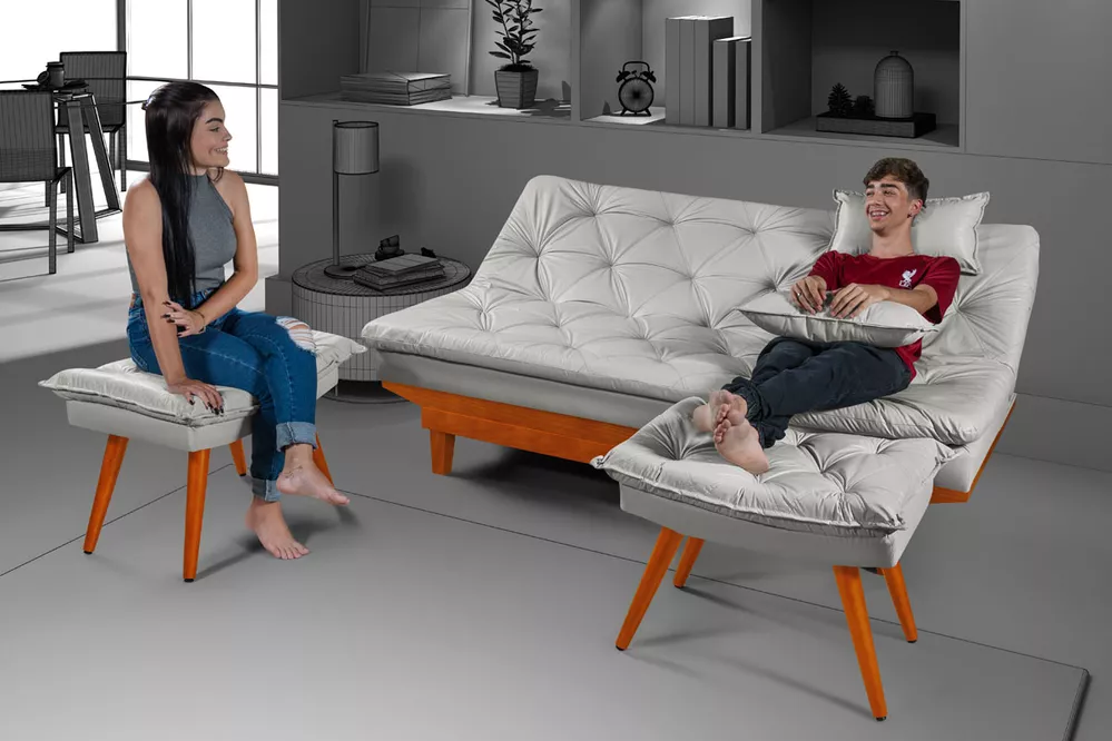 Sofá Cama Confortável Com Molas Ensacadas Courino Gelo Miami Reclinável Com Duas Banquetas