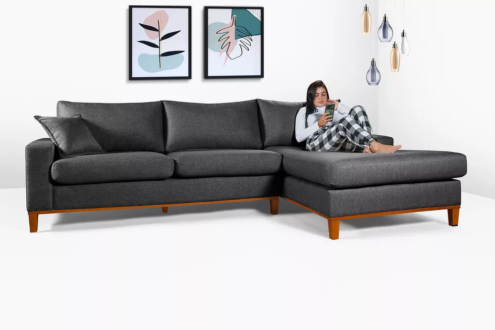 Sofá 4 Lugares Living Califórnia Com Chaise Direito em Linho Grafite