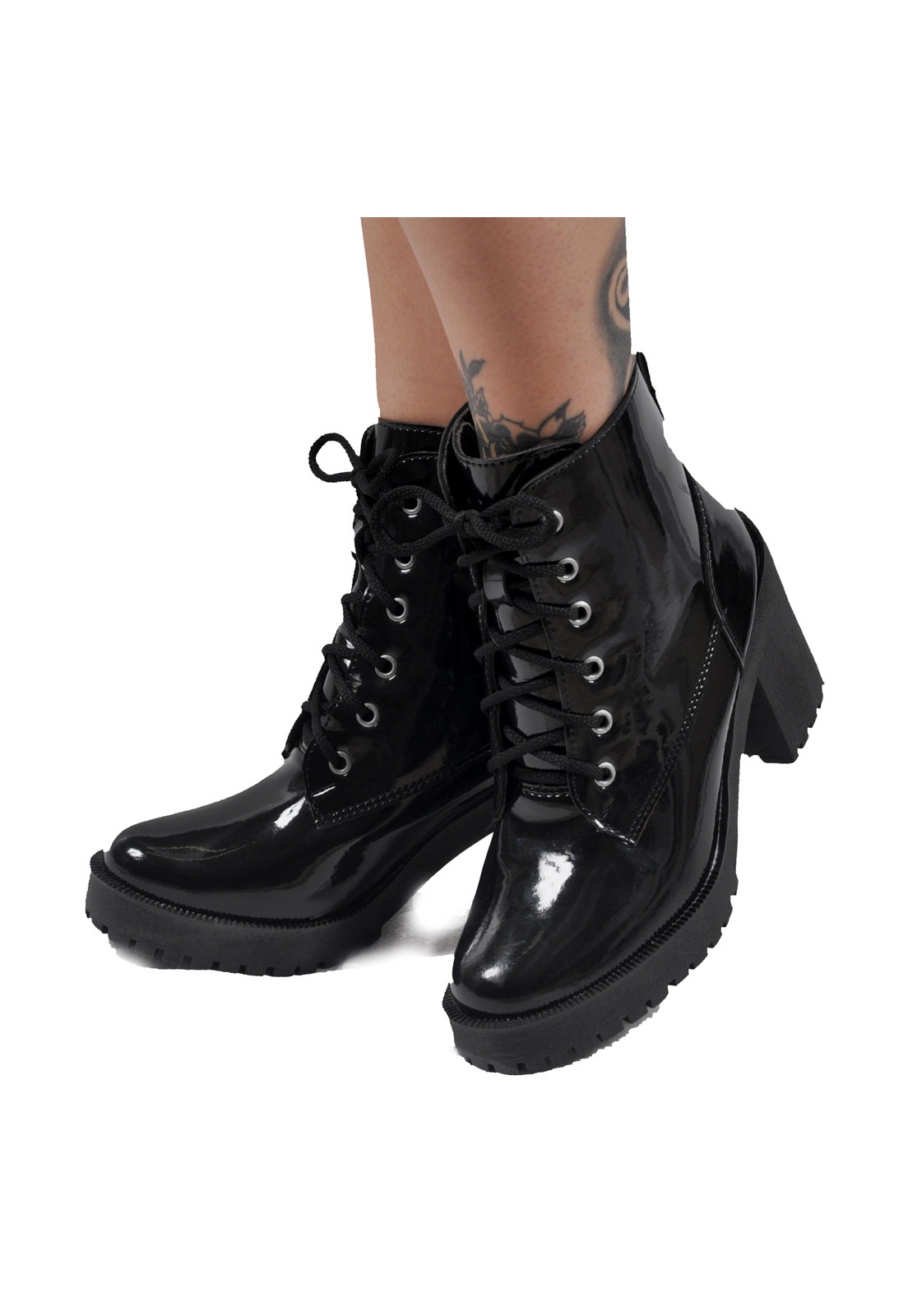 Bota Coturno Feminina Galway Tratorada Verniz Exclusiva 460 Preta Galwaycalcados