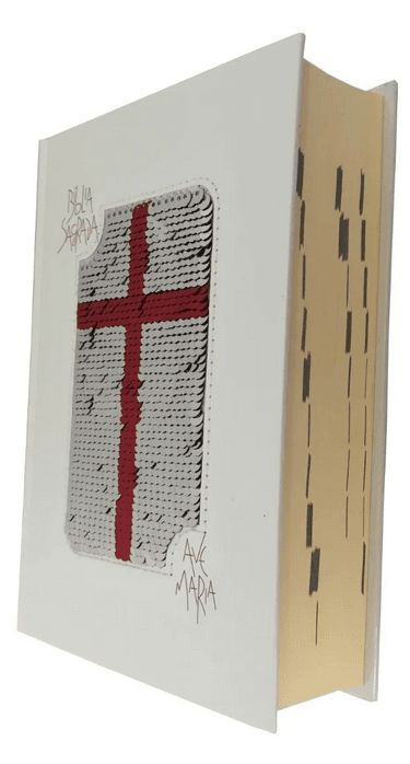 Bíblia Ave Maria com Lantejoula - Branco e Vermelho 