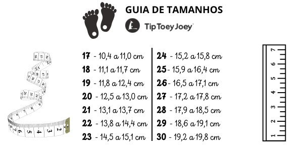 Tabela de medida dos sapatos Tip Toy Joey, do número 17 ao 30