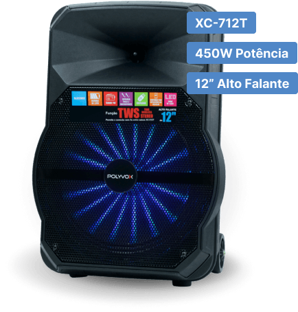 Caixa de Som XC-712T Preta com luz azul pulsante. Possui TWS, 400 watts de potência e um alto-falante de 12 polegadas?rel=0