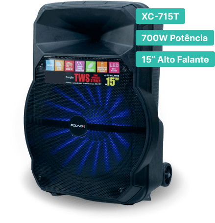 Caixa de Som XC-715T Preta com luz azul pulsante. Possui TWS, 600 watts de potência e um alto-falante de 15 polegadas?rel=0