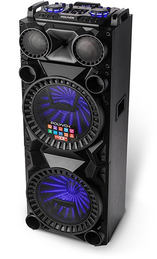 Caixa de som XT-1200 formato torre da Polyvox, com leds azuis nos alto-falantes e mesa equalizadora com DJ na parte superior.?rel=0